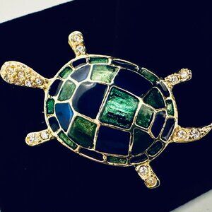 Vintage-Style Gold Tone Enamel Turtle Brooch Blue Green Black